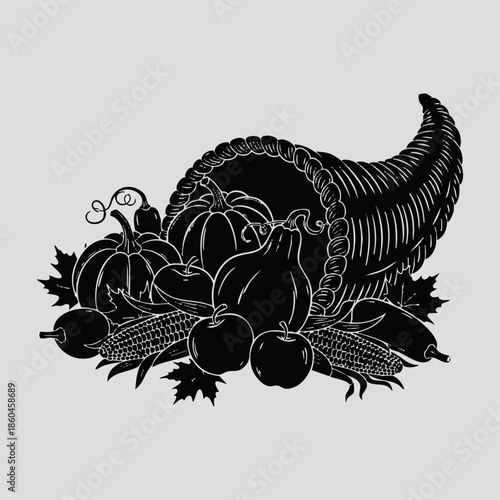 Black and White Cornucopia with Fruits and Vegetables.