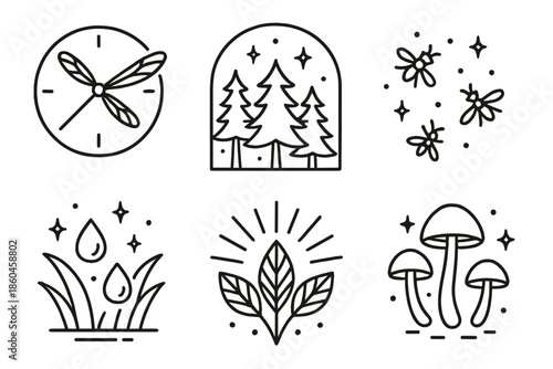 Woodland Timekeeper Icons. Line style icons of Woodland Timekeeper: dragonfly wings as clock hands, glowing forest, tiny floating