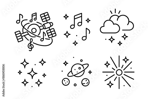 Orbital Melody Icons. Line style icons of Orbital Melody: space station with orbiting instruments, glowing clouds, floating