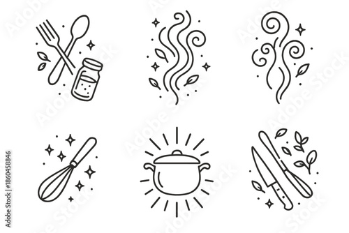 Culinary Icon Extravaganza. Line style icons of Culinary Magic: levitating utensils with spice jars, mystical smoke, glowing steam