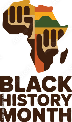 A vibrant illustration depicts the african continent within a raised fist celebrating black history month