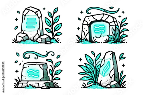 Luminous Ruins Icons. Line style icons of Luminous Ruins: ancient stones with neon messages, overgrown plants, tiny floating
