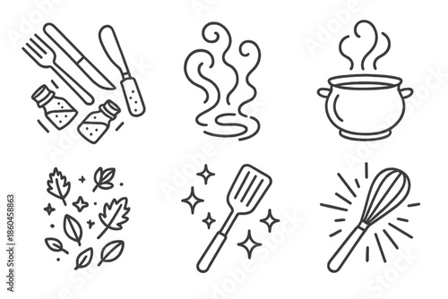 Chef's Mystical Tools. Line style icons of Chef’s Magic: levitating utensils and spice jars, mystical smoke, glowing steam, tiny
