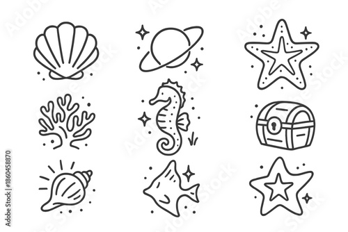 Ocean Treasure Icons. Line style icons of Ocean Treasures: floating seashell, orbiting pearl, glowing starfish, levitating coral,