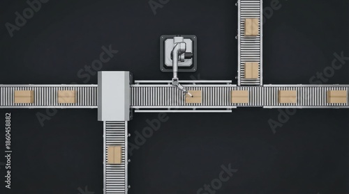 Industrial conveyor system with sorting mechanism and moving boxes on black background