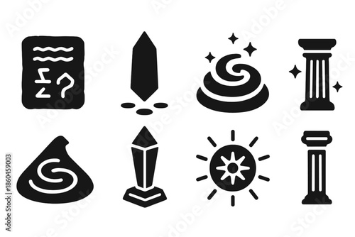 Desert Mysticism Icons. Solid style icons of desert mysticism in : ancient tablet, hovering monolith, glowing sand spiral, prism