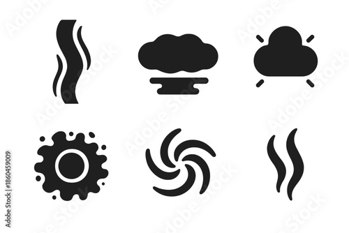 Luminous Phenomena Icons. Solid style icons of luminous aerial phenomena in : aurora ribbon, neon mist, glowing cloud, prism haze,