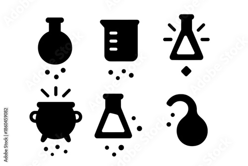 Levitating Alchemy Icons. Solid style icons of levitating alchemy tools in : floating flask, hovering beaker, prism vial, radiant