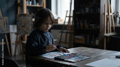 Young child focused on painting with watercolors at a wooden table in an art studio