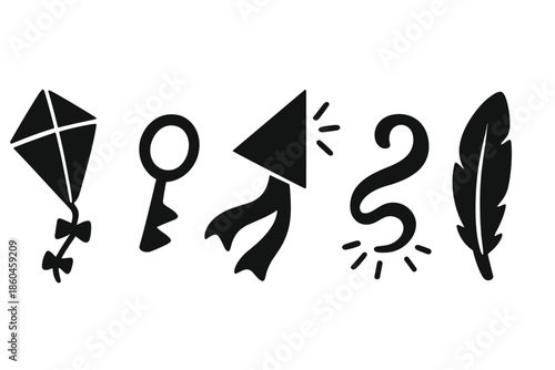Levitating Playful Objects. Solid style icons of levitating playful objects in : floating kite, hovering string, prism tail,