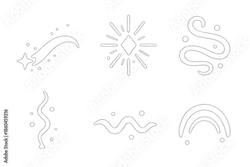 Magical Sound Icons. Solid style icons of magical sound effects in : glowing trail, prism spark, radiant ribbon, ethereal filament