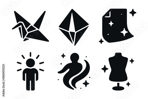 Floating Artistic Icons. Solid style icons of floating artistic elements in : origami, prism paper, glowing sheet, radiant figure,