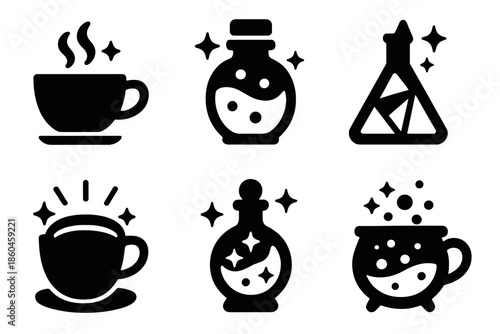 Magical Food Icons. Solid style icons of magical food in : teacup, glowing drink, prism liquid, radiant tea, ethereal potion,