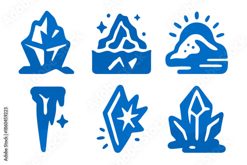 Surreal Frozen Landscapes. Solid style icons of surreal frozen landscapes in : prism glacier, glowing iceberg, radiant snowdrift,