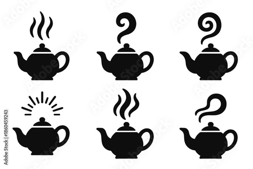 Magical Teapot Effects. Solid style icons of magical teapot effects in : teapot, glowing steam, prism swirl, radiant vapor,