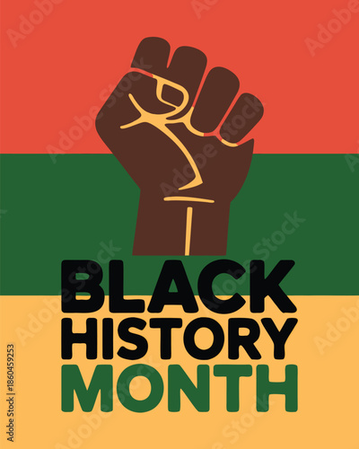 A raised clenched fist in front of a colorful background displaying black history month text