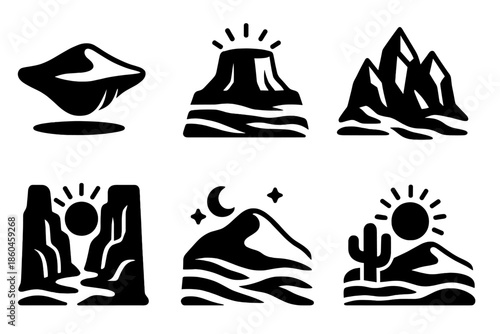 Fantasy Arid Landscapes. Solid style icons of fantasy arid landscapes in : floating dune, glowing plateau, prism ridge, radiant