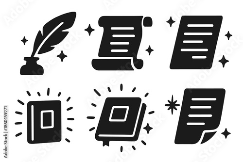 Floating Literary Icons. Solid style icons of floating literary objects in : quill, hovering scroll, prism manuscript, radiant