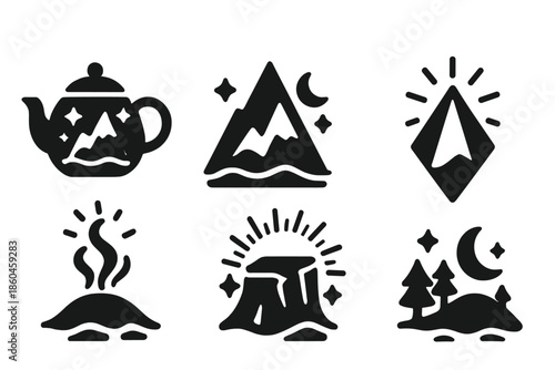 Whimsical Landscape Icons. Solid style icons of whimsical landscapes in : teapot, mountain, prism peak, glowing steam, radiant