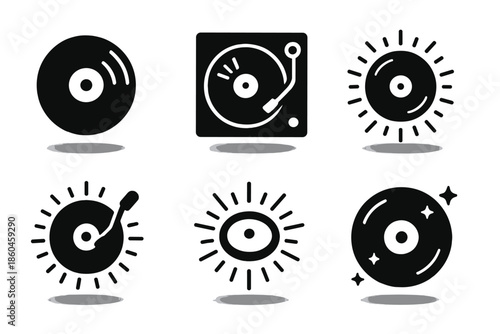 Floating Musical Icons. Solid style icons of floating musical instruments in : vinyl record, prism turntable, glowing disc,