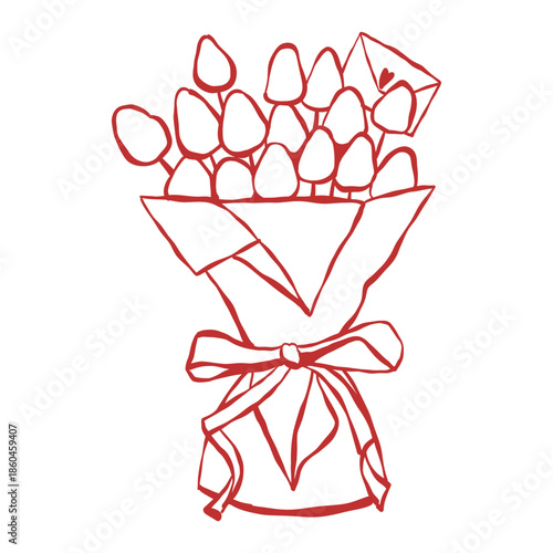 A bouquet of flowers, tulips, or strawberries. An envelope with a heart. A symbol of love, Valentines Day, vector outline illustration in red