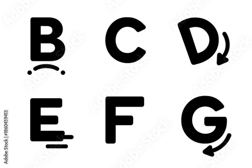 Animated Letters Icons. Solid style icons of animated letters: letter B bounce, letter C curve, letter D rotate, letter E slide,
