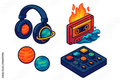 Analog Drift Icons. Isometric vector illustration set Analog Drift: headphone speakers as miniature planets, cassette tape with