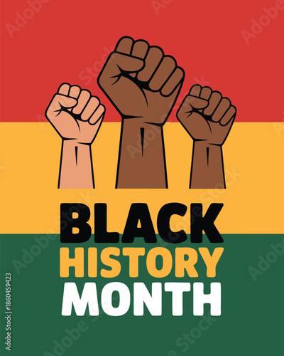 An illustration featuring raised fists in varying skin tones against a colorful background celebrating black history month