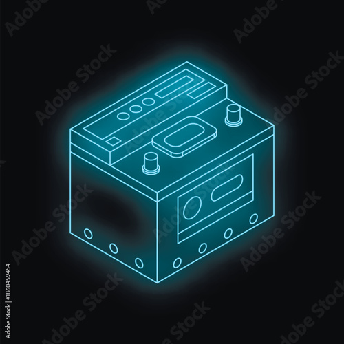 Neon blue outline of a car battery illuminating the dark, symbolizing energy storage and automotive power