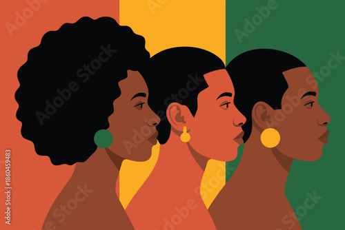 Three african women in profile against a colorful background displaying solidarity and beauty high quality