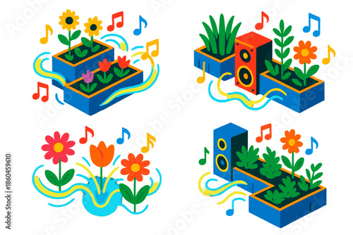 Musical Urban Garden. Isometric vector illustration set Urban Gardening with Sound Waves: planter terraces vibrating with music
