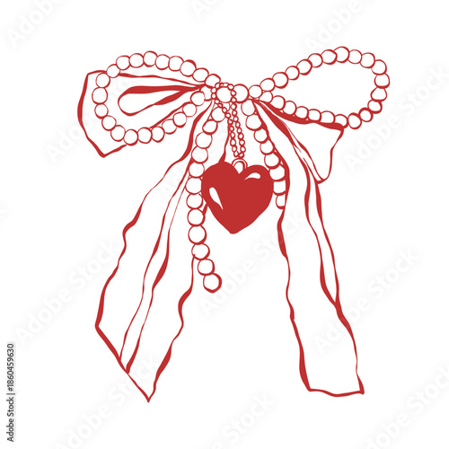 Coquette Valentine clipart. Red Ribbon Bow. Vintage Heart with Pearls . Vector outline illustration for wedding, valentines day