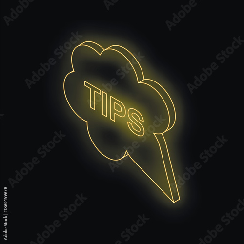 Glowing yellow neon thought bubble displaying the word tips against a dark backdrop