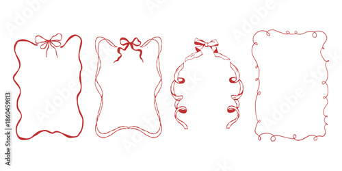 A set of vintage hand-drawn outline frames: a bow frame, a ribbon, and a border. Doodle-style illustrations with a decorative red ornament. Vector clipart for holidays and weddings, a ribbon frame