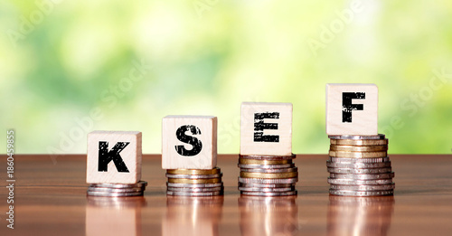 Conceptual image of KSEF letters placed on wooden blocks over a stack of coins. Represents financial systems and tax compliance in a modern economic context.