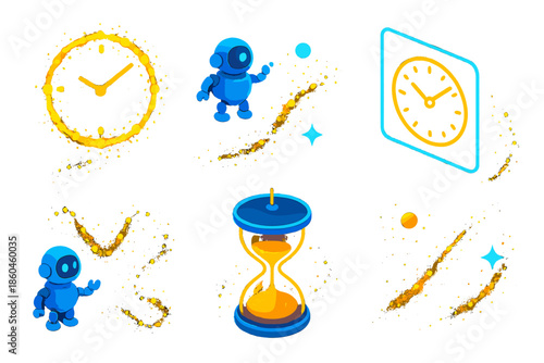 Celestial Timekeeper Design. Isometric vector illustration set Moon dust telling time: orbiting glowing moon dust forming clock