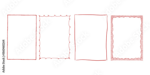 A set of hand-drawn whimsical vector frames. A collection of linear red vintage frames. Rectangular frames. Monochrome vector illustration
