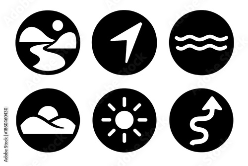 Mindful Journey Icons. Solid style round vector icons of mindful journey: serene river, compass arrow, soft current, distant hills