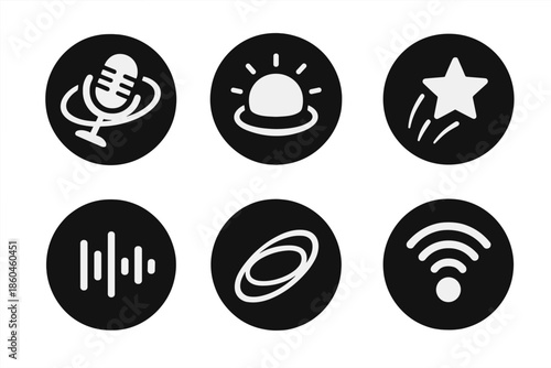 Space Podcast Icons. Solid style round vector icons of space podcast: mic in orbit, planet glow, star trail, wave beam, cosmic