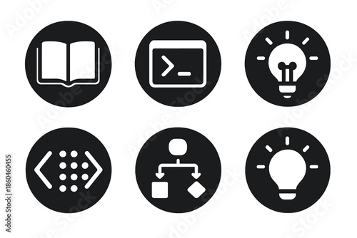 Educational Programming Icons. Solid style round vector icons of educational programming: learning book, command line, data light,