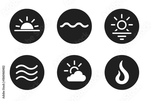 Serene Nature Icons. Solid style round vector icons of peaceful motion: sunrise, wave line, glowing reflection, water drift,