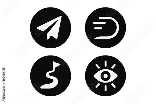 Innovative Icons Collection. Solid style round vector icons of innovation and vision: paper aircraft, dynamic line, guiding curve,