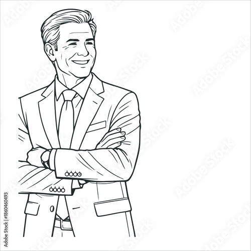 Smiling Professional Man in Suit with Crossed Arms Line Art