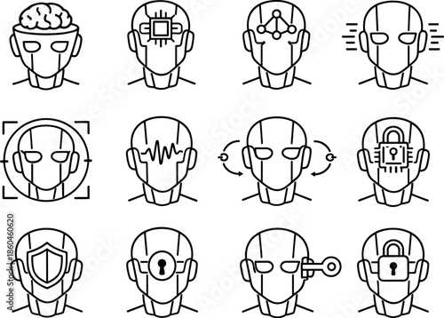 Robot Intelligence Icons. Line style icons of robot intelligence head: brain case, cpu core, data node, neural net; scan lines,