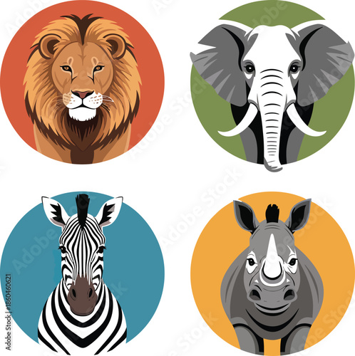 African wildlife vector featuring stylized portraits of lion, elephant, zebra, and rhinoceros in colorful circular frames.