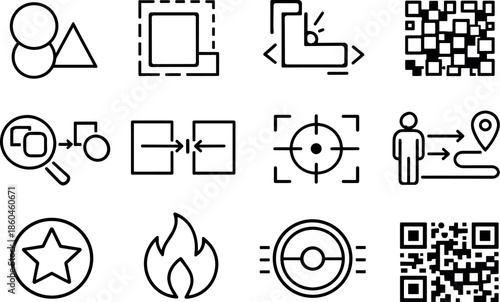 Pattern Recognition Icons. Line style icons of Pattern recognition: shape, edge, corner, texture; match, align, detect, track;