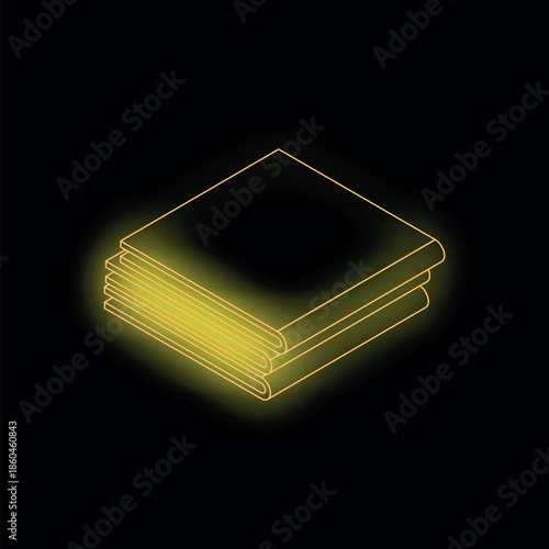 Neon yellow stack of books glowing on black background, isometric view