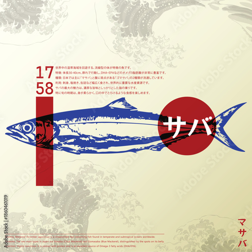 Japanese style mackerel fish illustration vintage poster design with blue red color scheme oriental wave pattern background traditional Asian seafood art retro graphic fishing marine life ocean Japan