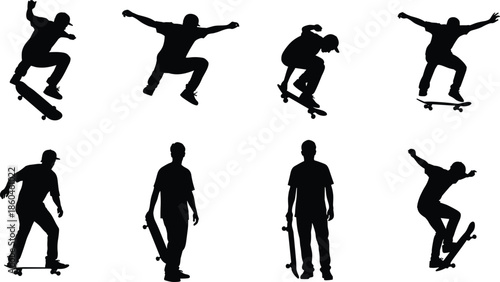 Black silhouette vector illustrations of a male skateboarder performing various street skating tricks, ollies, jumps, and standing with his board.