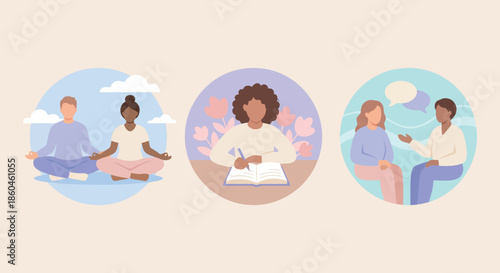 Mental health care concept with people meditating writing journal and talking in therapy session for emotional wellness psychology and self care routine collection.